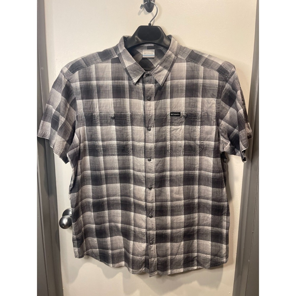 Columbia Men's Pearl Snap Short Sleeve Plaid Shirt (Gray) Size 2XL